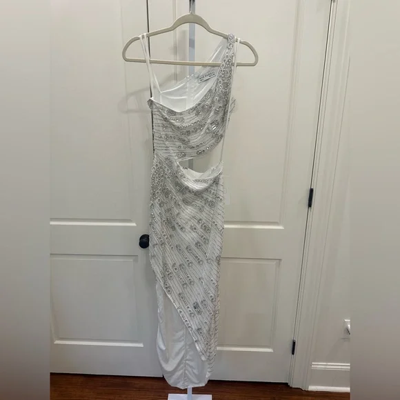 MAC DUGGAL 10880 BEADED ONE SHOULDER CUTOUT ASYMMETRICAL WHITE GOWN sz 4